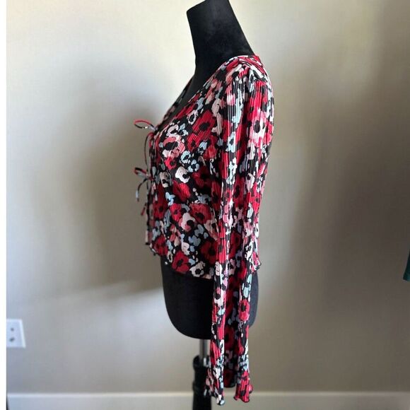 MONKL Women's Cut Plisse Red Floral Print Tie Front Bell Sleeve Cardigan Size S - Picture 2 of 8